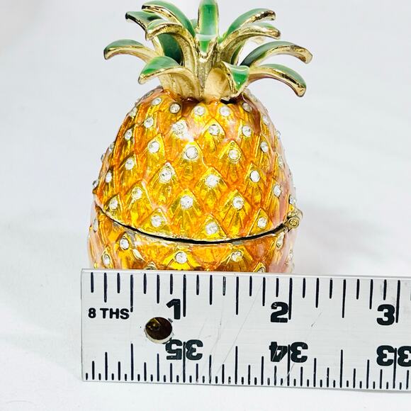Pineapple Shaped Ceramic Hinged Trinket Box Porcelain Crystals Gold Yellow Green - Picture 6 of 6